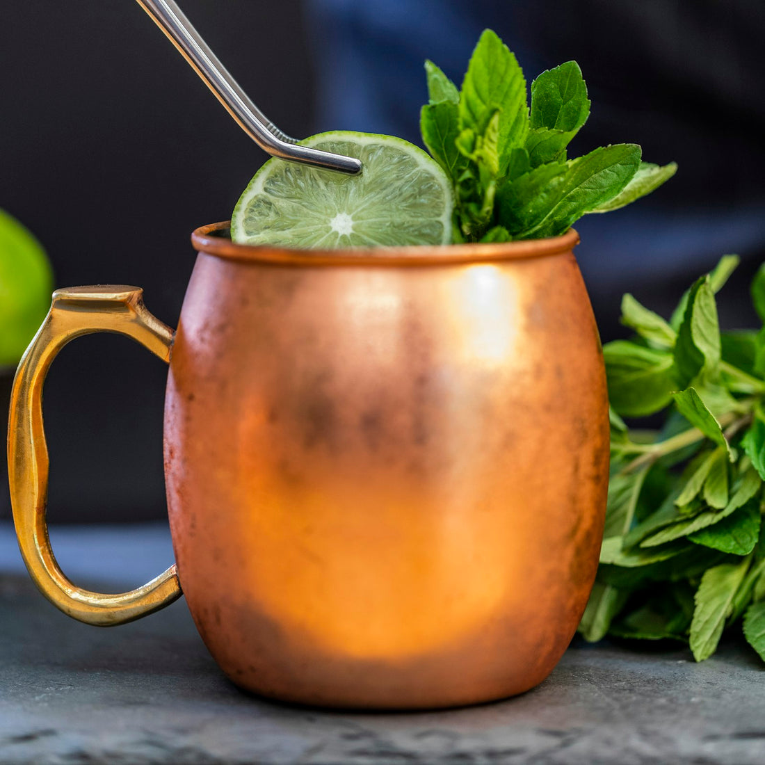 Mule in a copper mug with lime and fresh mint