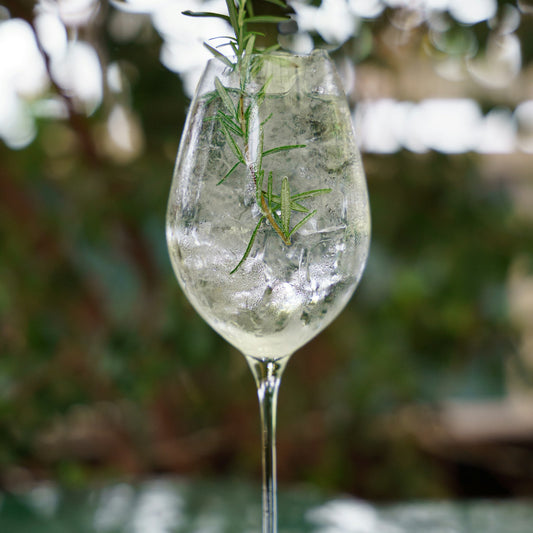 Spritz in a wine glass with ice and a sprig of rosemary