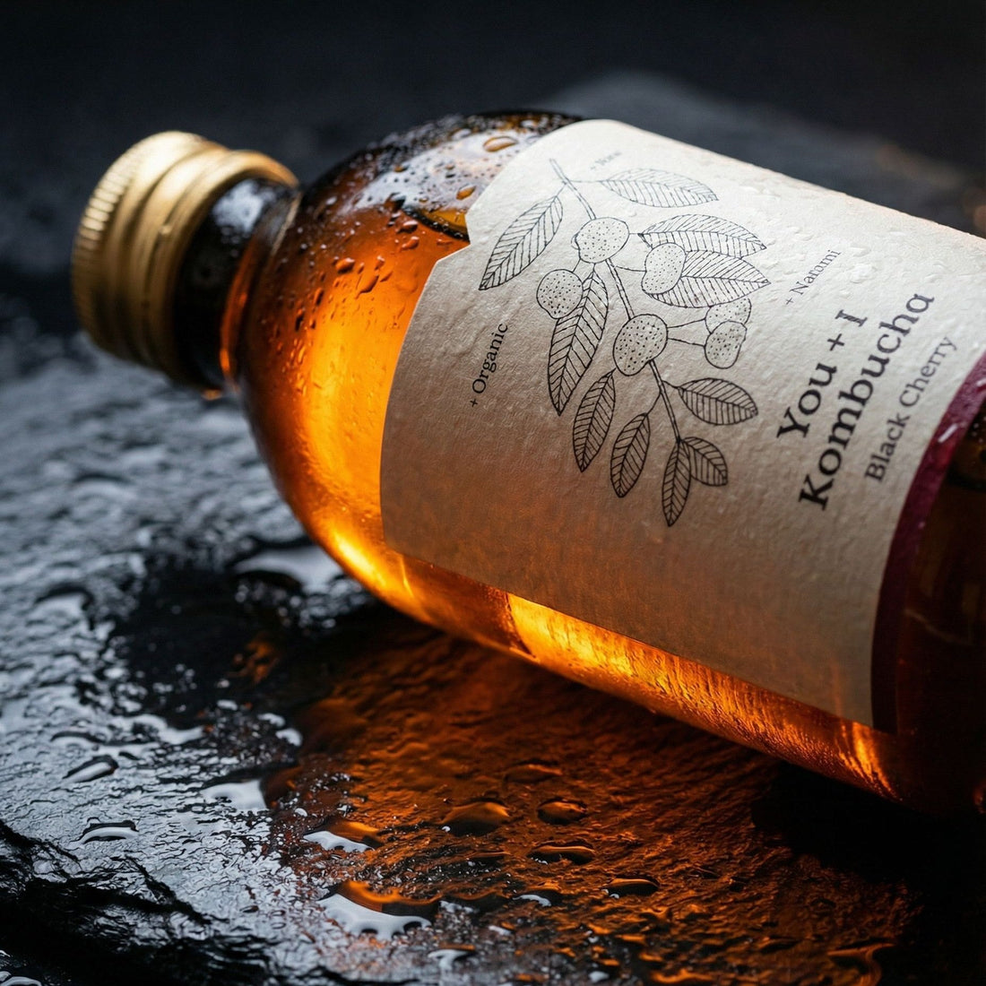 Bottle of You + I Black Cherry kombucha lying on wet slate