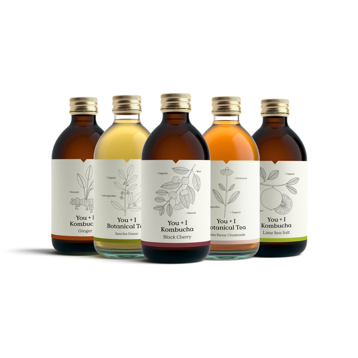 A mix of You + I kombucha and botanical tea bottles