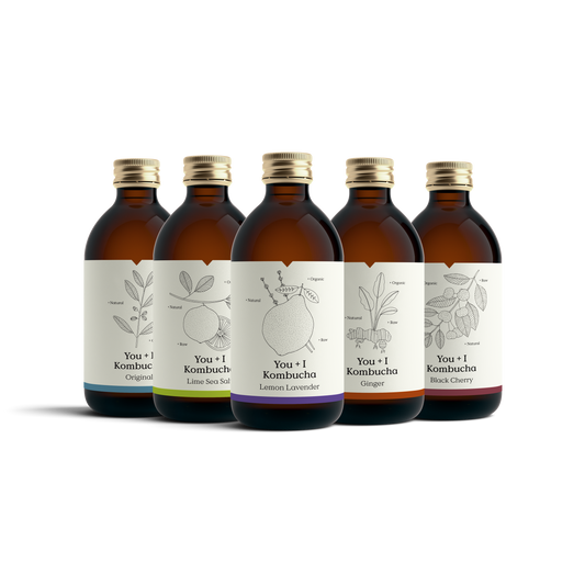 Five bottles of You + I organic kombucha
