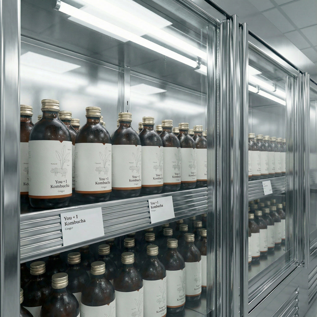 Bottles of You + I Ginger kombucha on the shelves of a chilled drinks fridge